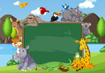 Foto op Canvas Empty blackboard with various wild animals in the forest © brgfx