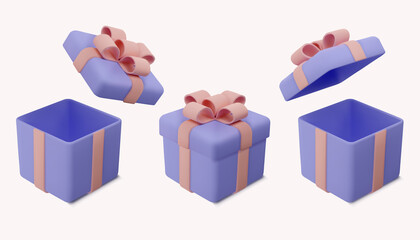 Opened and closed gift box mockup. Realistic empty present set with ribbon bow isolated. Vector 3d render illustration.