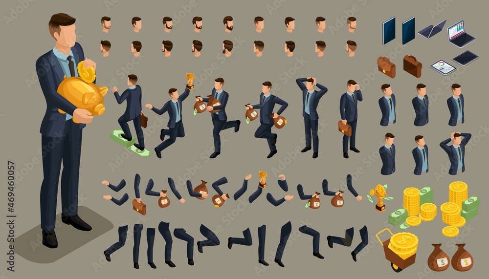 Poster create your own isometric office worker 3d businessman. isometric set of gestures of hands and feet 