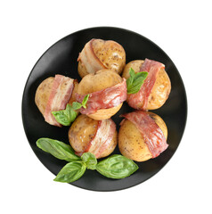 Plate of tasty baked potatoes with bacon on white background