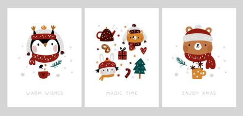 Christmas cards collection with cute baby animals in cartoon style. Xmas holiday prints with festive decoration elements and animals. Vector winter illustration for kids clothing, poster, card, decor