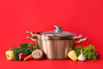 Cooking pots and vegetables for tasty soup on color background