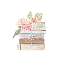 Vintage books with flowers watercolor illustration on white background