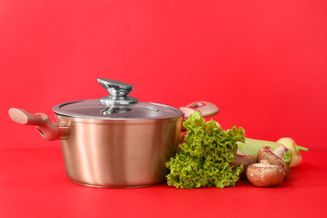 Cooking pot and vegetables on color background