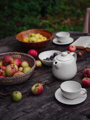 beautiful autumn still life in apple orchard, old table with cup, teapot, apples and book. Fall Getaway, Apple Picking anf Harvest Day Celebration concept