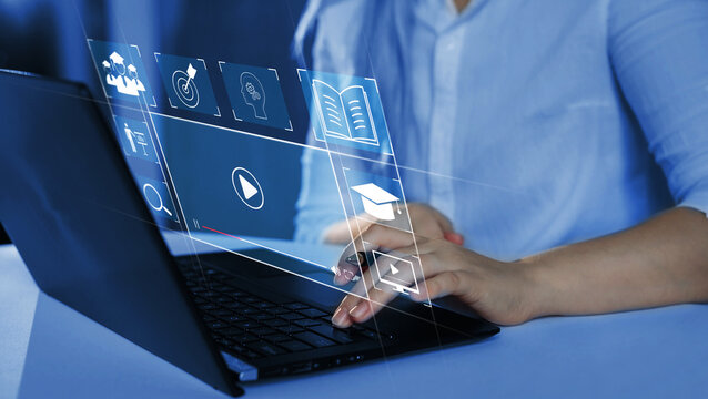  E-learning education, internet lessons and online webinar.  Education internet Technology.Person who attends online lessons on a digital screen.	