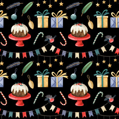 Christmas seamless pattern with festive decorations, holiday cake, gift boxes. Watercolor hand drawn illustration isolated on black background. Good for wrapping paper, digital paper, fabrics.