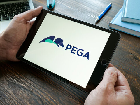 KYIV, UKRAINE - October 20, 2021. Logo of Pegasystems or Pega company on the screen.