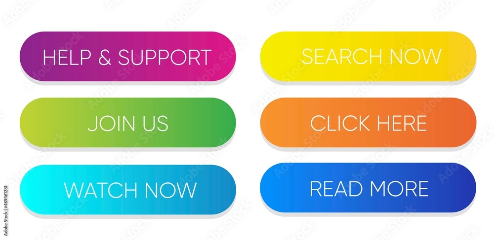 Poster set of modern material style buttons. different gradient and icons on white forms with shadows.