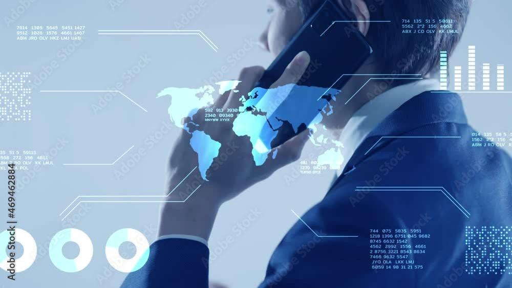 Poster business man talking on mobile phone futuristic interface data analytic graph chart background, fina