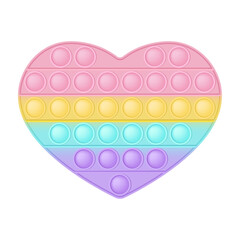 Popit figure heart as a fashionable silicon toy for fidgets. Addictive anti stress toy in pastel rainbow colors. Bubble anxiety developing pop it toys for kids. Vector illustration isolated on white.