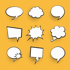 Set of speech bubbles on yellow background. Halftone shadows.