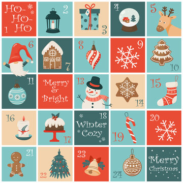Christmas advent calendar with hand drawn elements. Xmas Poster. Vector illustration