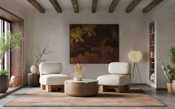 Interior design of modern apartment with armchairs, coffee table, indoor plants and rafter ceiling. Wabisabi style, 3d render