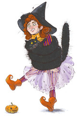 Black cat hugs a girl with ginger hair dressed in costume of little witch. They are scared of Halloween pumpkin.
