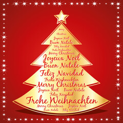 Merry christmas greeting card. All languages. Red and gold vector christmas tree. - obrazy, fototapety, plakaty