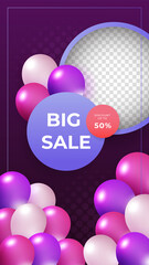 Modern sale stories template design background with balloon. Flash, Christmas, Valentine, New Year, Summer sale. Suitable for social media, presentation, flyer, poster, invitation, web internet ads