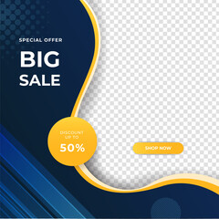Modern blue yellow sale post template design background. Flash sale, Christmas, Valentine, New Year, Summer sale. Suitable for social media, presentation, flyer, poster, invitation, web internet ads.