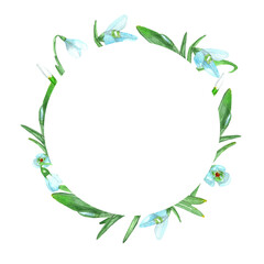 Watercolor snowdrop flowers.Round frame.Wildflowers frame.Hand-painted illustration.