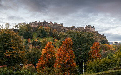 Edinburgh Castle, a historic construction in Scotland. It stands on Castle Rock. Landmarks of...