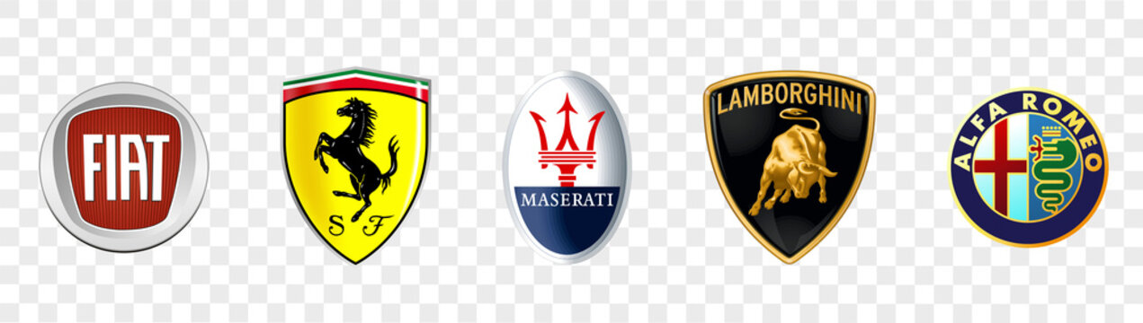 Kiev, Ukraine, 14 November, 2020: Italian Car brands logos collection: Fiat, Maserati, Lamborghini, Ferrari, Alfa Romeo, icons