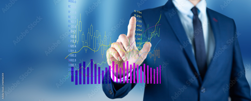 Poster man touching charts and diagrams
