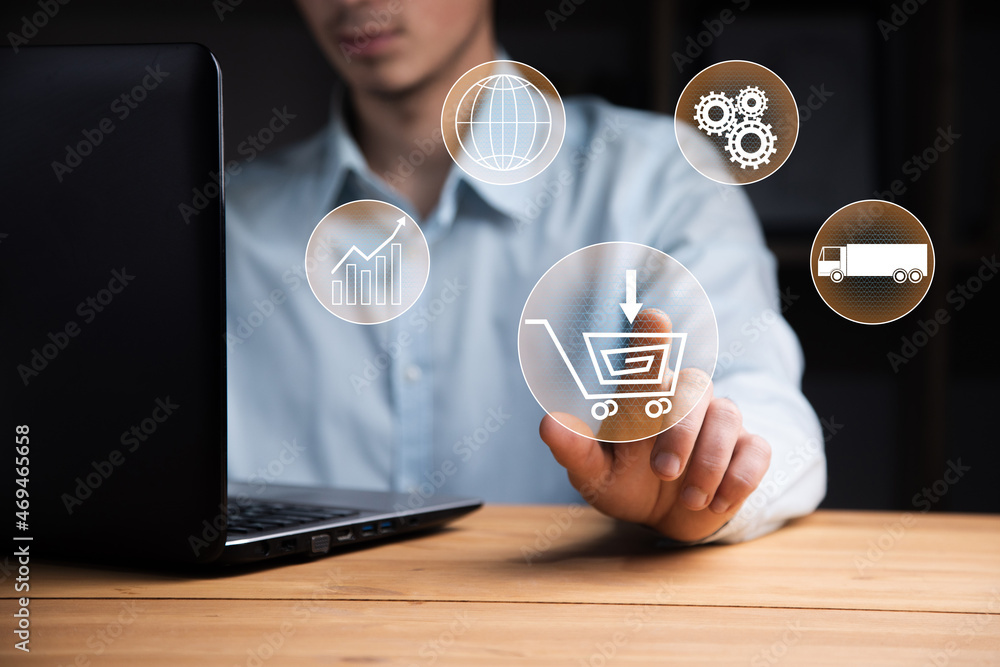 Poster man working computer with online shopping icon