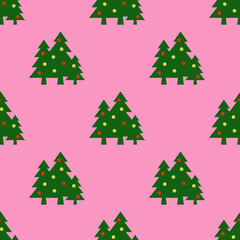 Seamless pattern. Image of green Christmas trees with balls on purple background. Symbol of New Year and Christmas. template for overlaying on surface. 3d image. 3d rendering