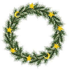 Wreath of coniferous pine branches and golden ornaments. Christmas greenery, shining stars and months. Winter holiday decor. Watercolor hand painted isolated element on white background.