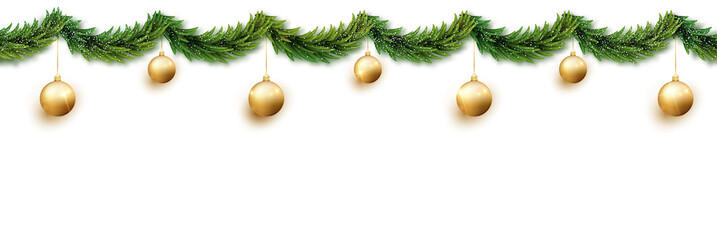 Christmas garland of fir branches and golden balls strangled by snow isolated on white background. Seamless banner, can be extended to desired size. © Ann_Sereda
