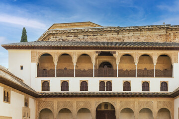 Fototapeta na wymiar View of the upper part of the Patio del Mexuar in the Nasrid Palaces in the Alhambra