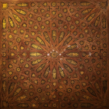 Fine decoration of a ceiling in the Mexuar Room in the Nasrid Palaces in the Alhambra. Due to wear is the right hand lower part less clear.