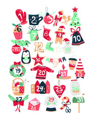 New year advent calendar. Items can be used as individual stickers or logos.