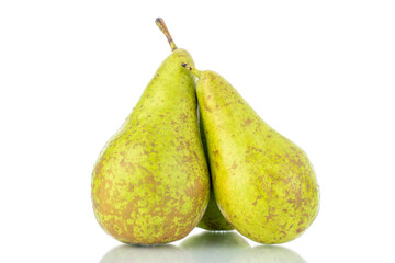 Two ripe sweet pears, close-up, isolated on white.