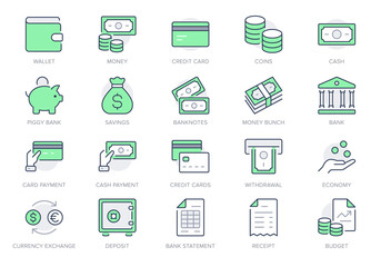 Money line icons. Vector illustration include icon - currency exchange, payment, withdraw, wallet, credit card, invoice, receipt outline pictogram for banking. Editable stroke, Green color