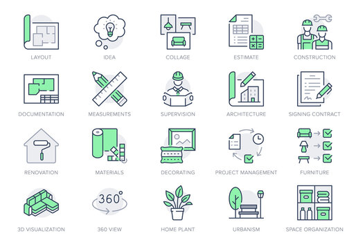 Interior design line icons. Vector illustration include icon - architecture, blueprint, project calculation, documentation outline pictogram for home decoration. Editable stroke, Green color