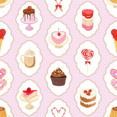 Cake Cupcake Macaron Donut Candy Latte coffee vector seamless pattern. Romantic bakery treats surface design. Valentines day desserts background.