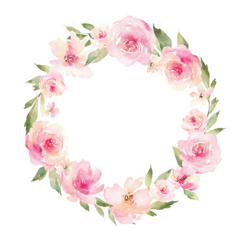 A graceful round frame decorated with watercolor flowers and leaves. Festive composition for a greeting card or your design.