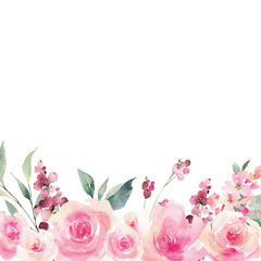 Watercolor floral background which can become a postcard. Romantic frame with roses, template for your design.