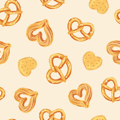 Cookie biscuit pretzel vector seamless pattern. Romantic bakery treats surface design. Valentines day desserts background.