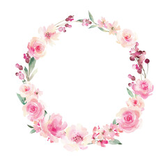 Fototapeta na wymiar A graceful round frame decorated with watercolor flowers and leaves. Festive composition for a greeting card or your design.