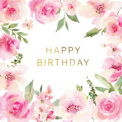 Watercolor card with delicate pink flowers. Greeting card with spring flowers or a holiday invitation. Happy birthday.