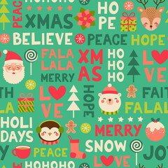 Cute cartoon character, christmas elements and cute typography seamless pattern.
