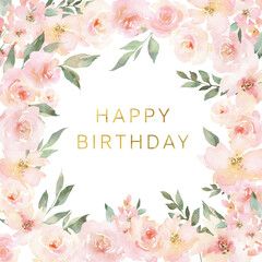 Watercolor card with delicate pink flowers. Greeting card with spring flowers or a holiday invitation. Happy birthday.