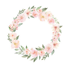 Watercolor flowers and leaves collected in a wreath. Composition for your design, romantic watercolor frame.