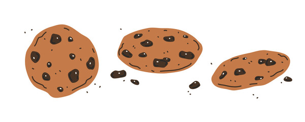 Set of chocolate chip cookies on white background. Vector flat illustration