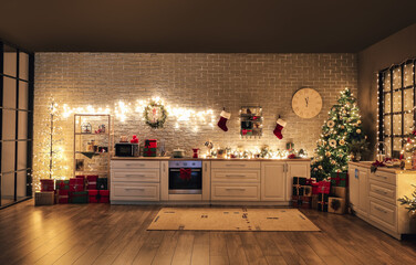 Interior of kitchen with modern furniture and beautiful Christmas decor