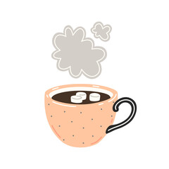 Hot chocolate with marshmallows in pink cup. Vector flat illustration