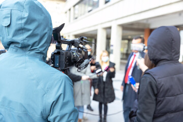 Media event or news conference during coronavirus COVID-19 pandemic. Journalism concept.