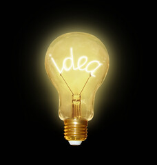 There is a light bulb with a word idea. Black background. Isolated.